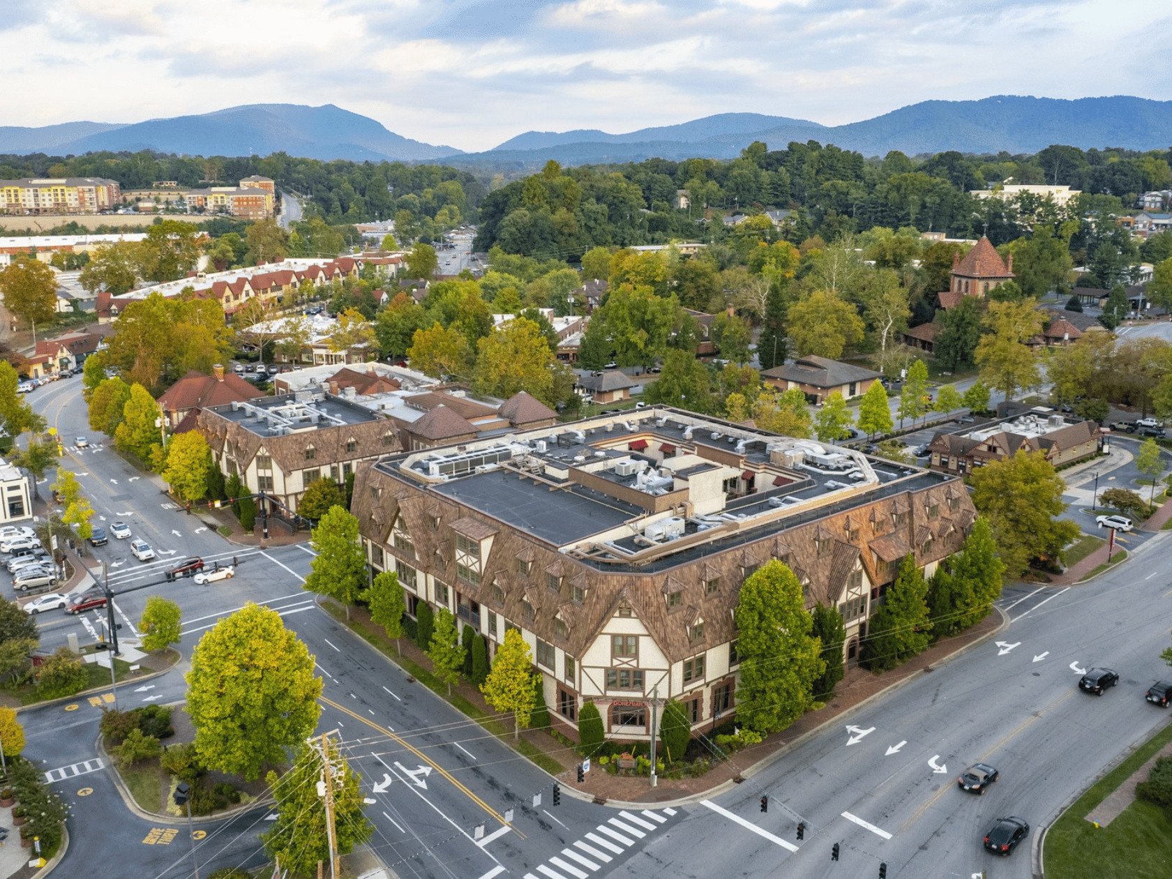 Drone view of downtown Asheville 